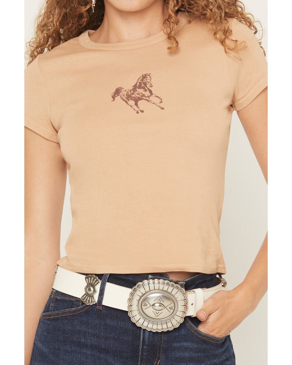 Originality Women's Horse Short Sleeve Graphic Tan Baby Cotton Tee Large NEW